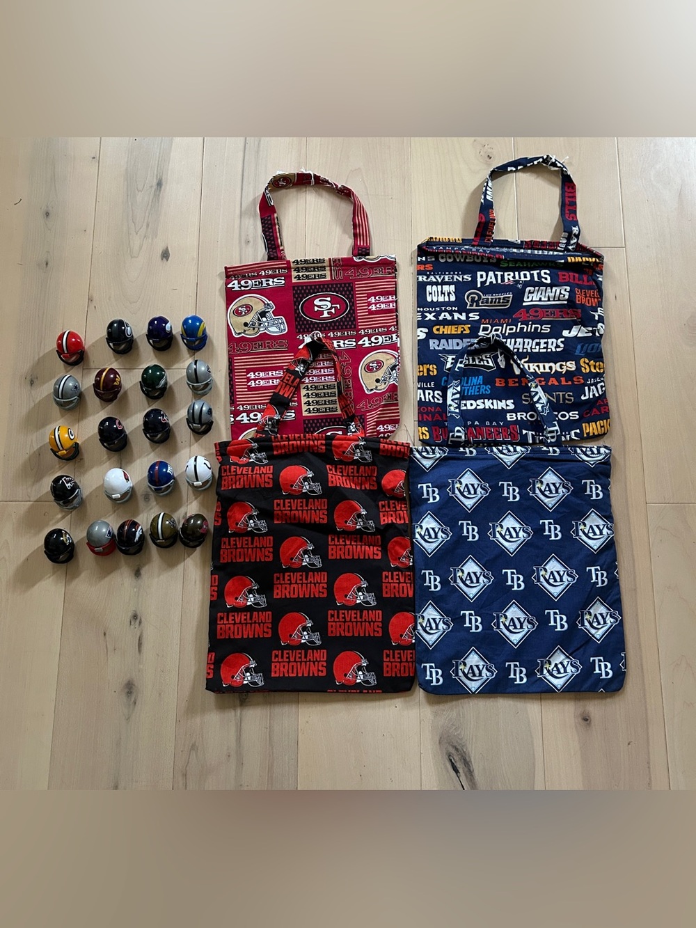 4 NWOT Handmade Football Car Lined Fabric Trash Bags & 21 Mini Football Helmets